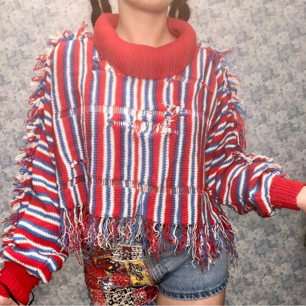 Vintage Turtleneck Sweater Fringe Handmade Distressed Reworked Womens Large Crop